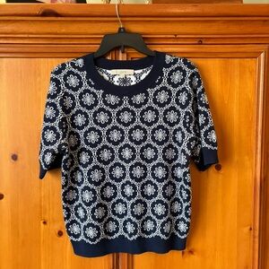 LOFT Navy and White Floral Crew Neck Sweater